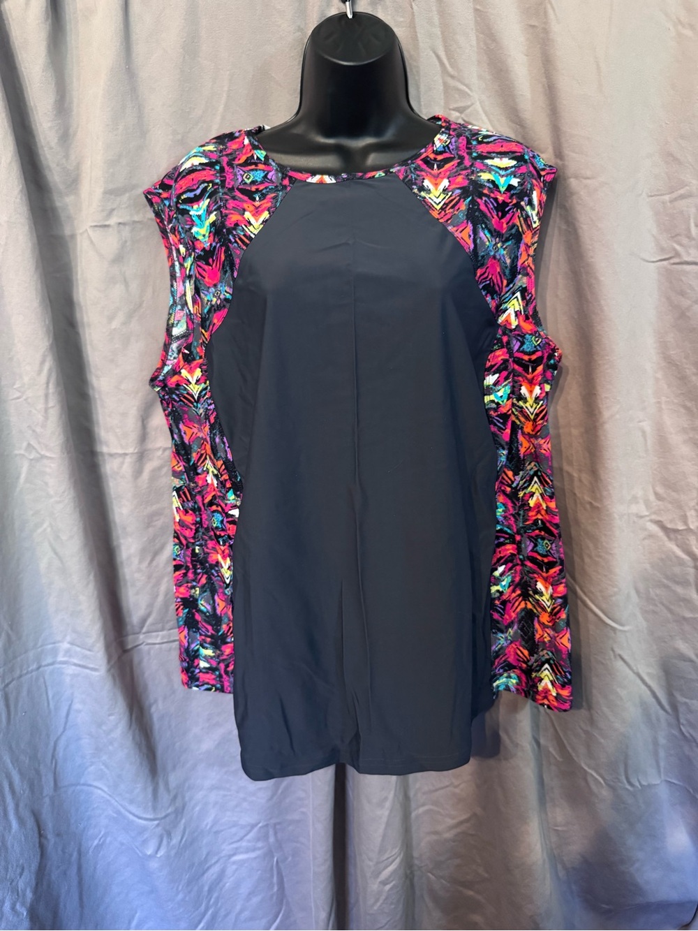 NWT Black Swim Coverup with Multicolor Print Panels SPF Coverage